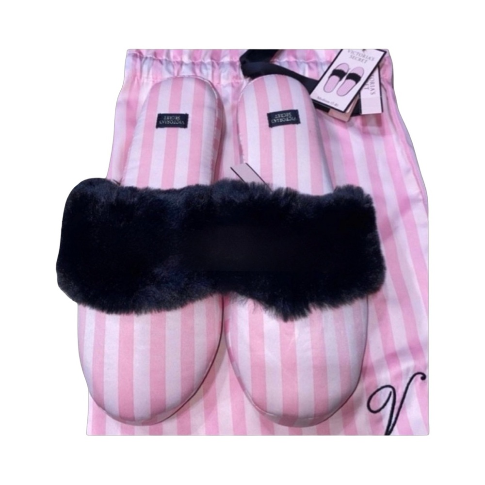 Victoria’s Secret Signature Stripe Faux Fur Slippers Pink Black Size M 7-8 NWT